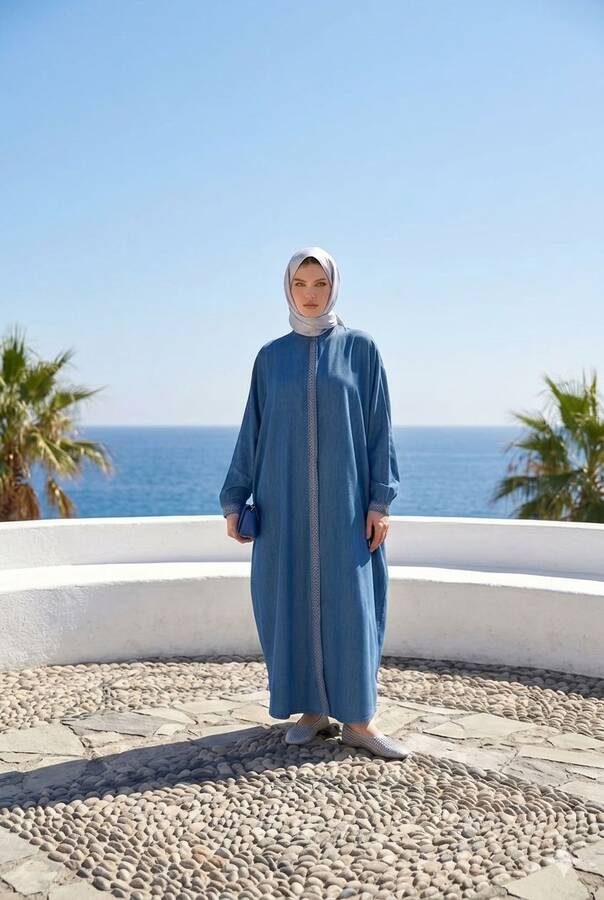 6571-Taşlı Tensel Abaya Koyu Mavi