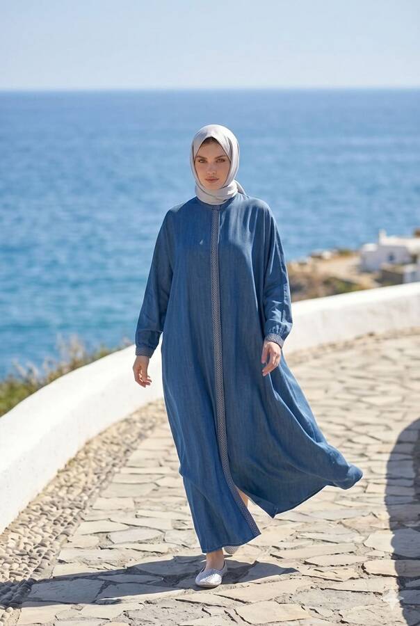 6571-Taşlı Tensel Abaya Koyu Mavi