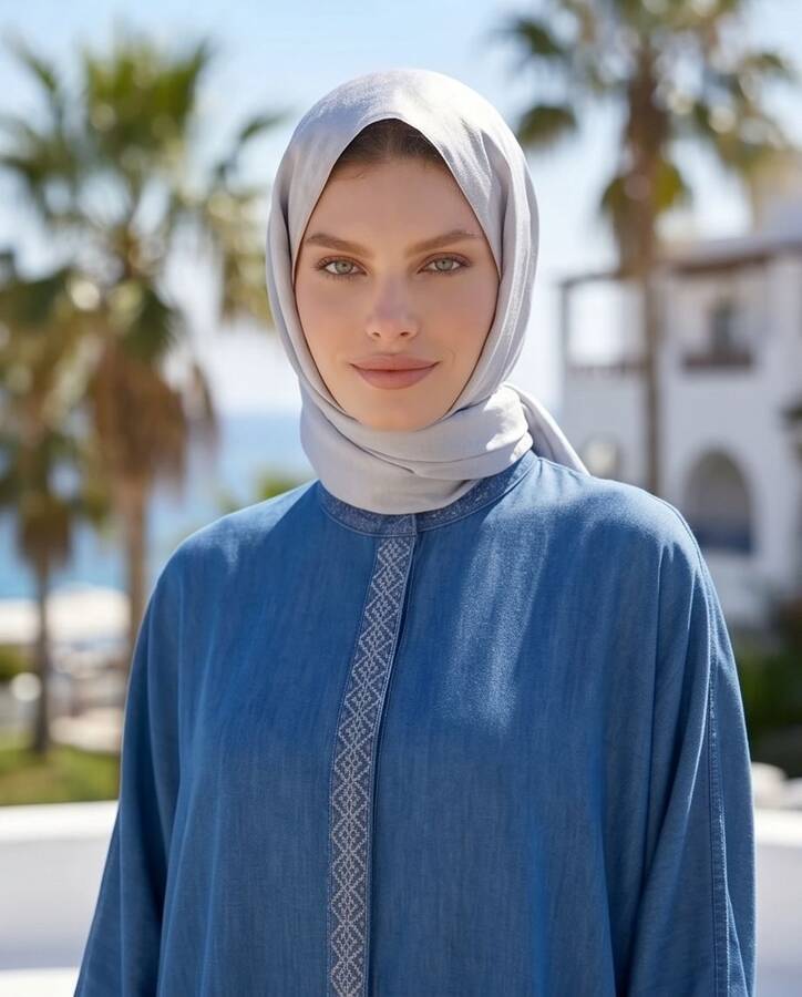 6571-Taşlı Tensel Abaya Koyu Mavi