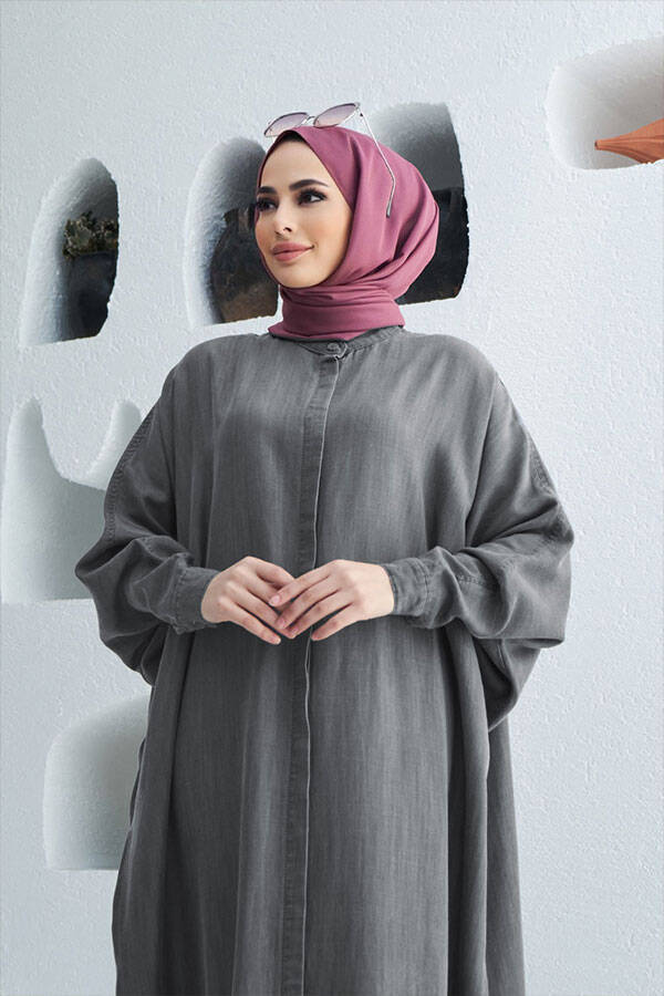 6571-Denim Tensel Abaya Gri