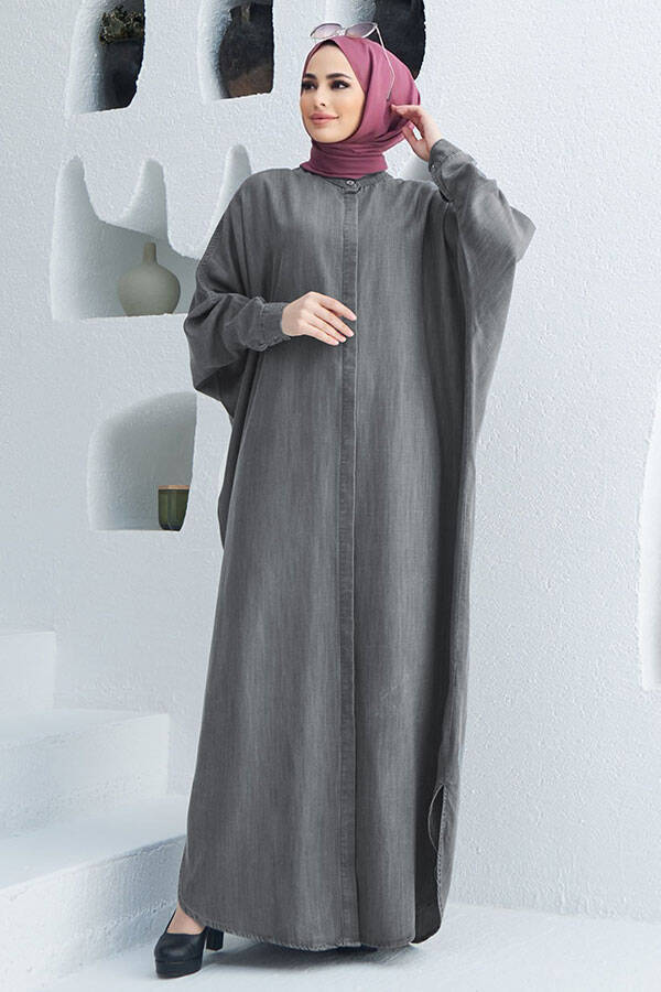 6571-Denim Tensel Abaya Gri