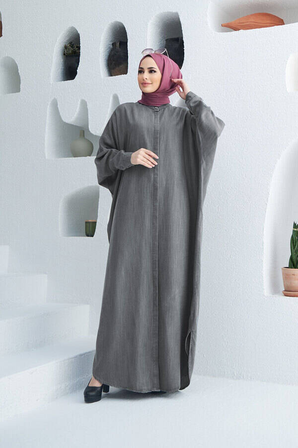 6571-Denim Tensel Abaya Gri