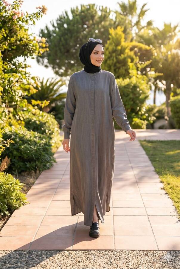 6571-Denim Tensel Abaya Gri