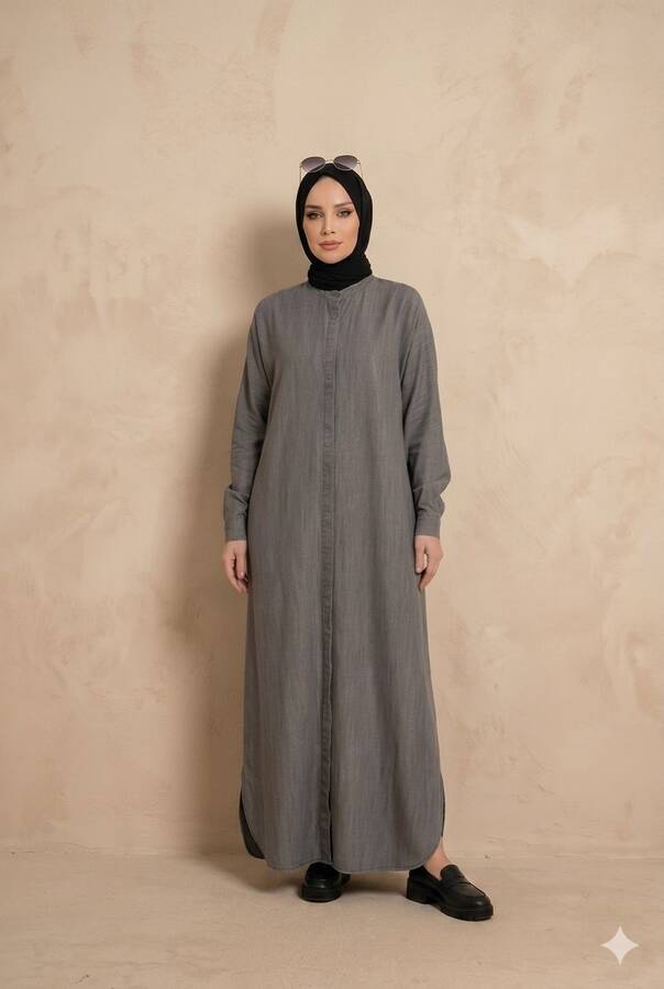 6571-Denim Tensel Abaya Gri