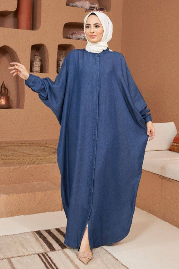 6571-Denim Tensel Abaya Koyu Mavi