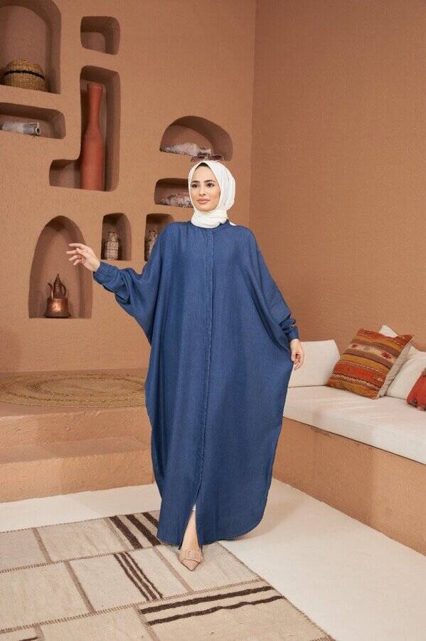 6571-Denim Tensel Abaya Koyu Mavi