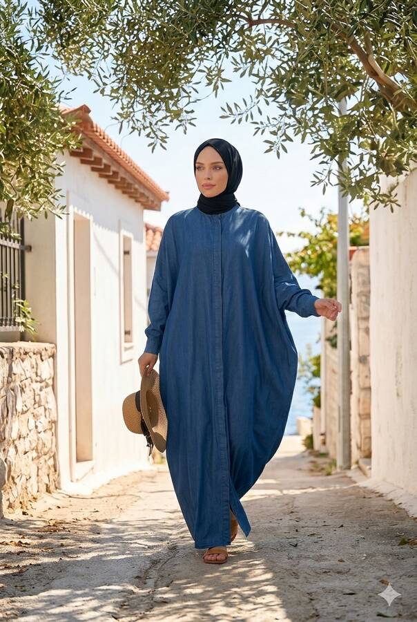 6571-Denim Tensel Abaya Koyu Mavi