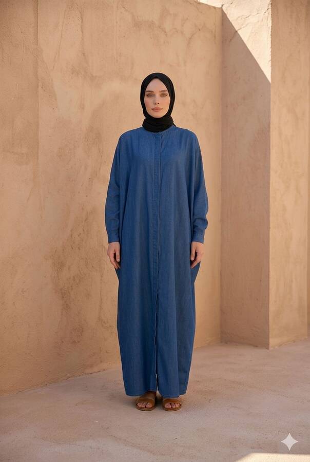 6571-Denim Tensel Abaya Koyu Mavi