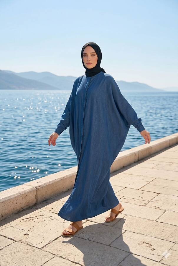 6571-Denim Tensel Abaya Koyu Mavi