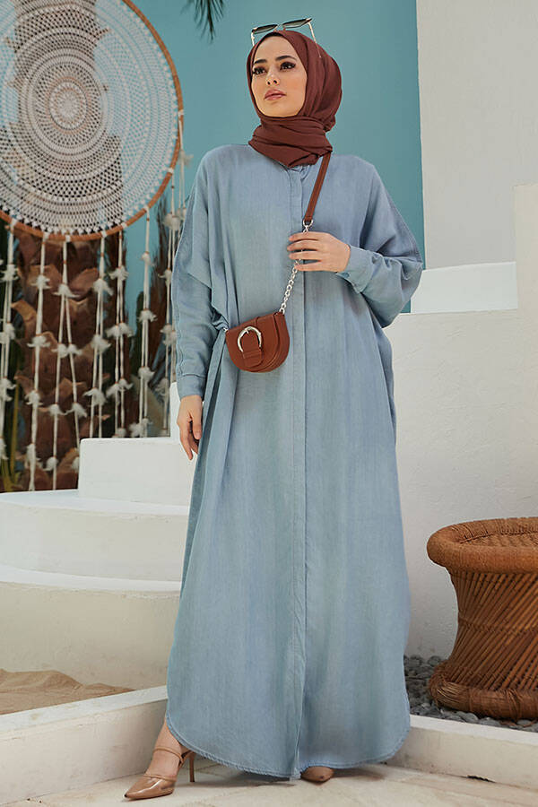 6571-Denim Tensel Abaya Mavi