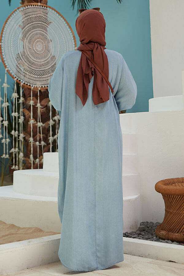 6571-Denim Tensel Abaya Mavi