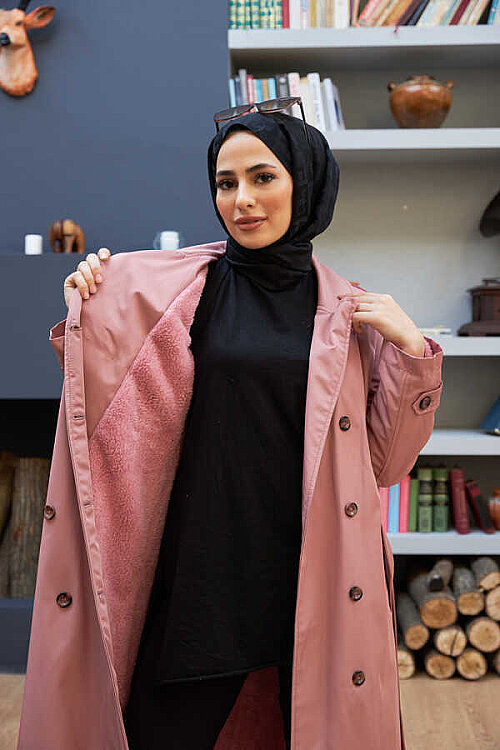 6572-Kürklü Trençkot Pudra - 4