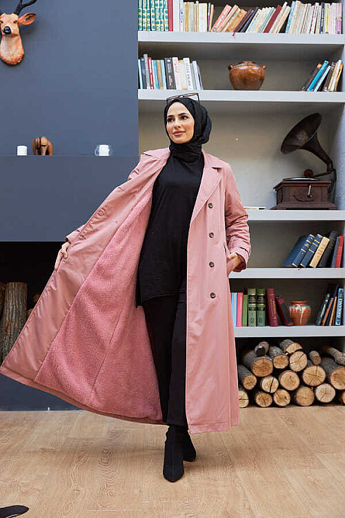 6572-Kürklü Trençkot Pudra - 5