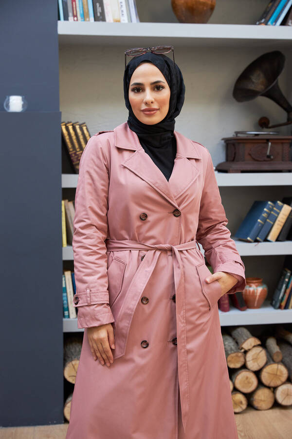6572-Kürklü Trençkot Pudra