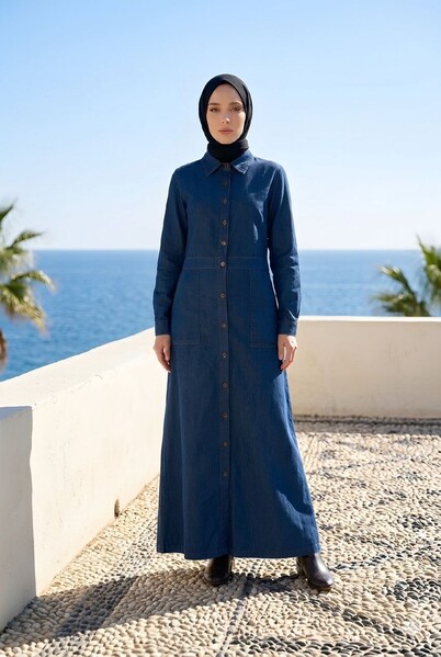Neways - 6573-Denim Düğmeli Elbise Koyu Mavi