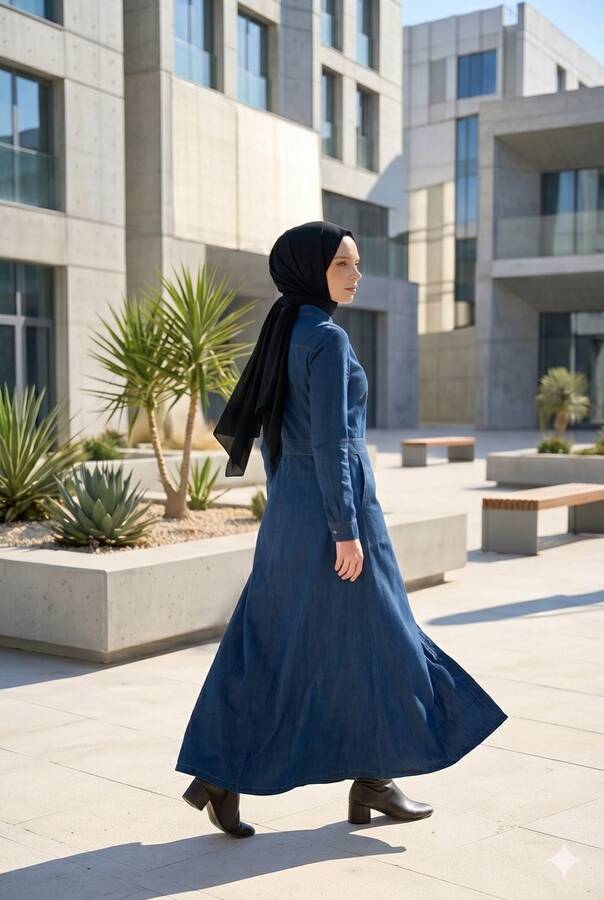 6573-Denim Düğmeli Elbise Koyu Mavi