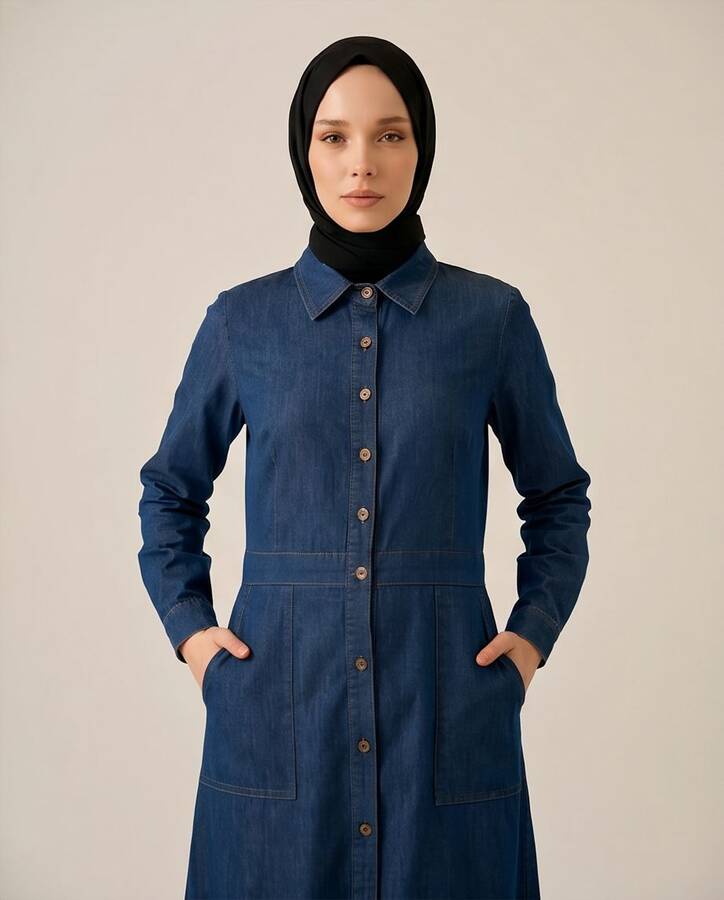 6573-Denim Düğmeli Elbise Koyu Mavi