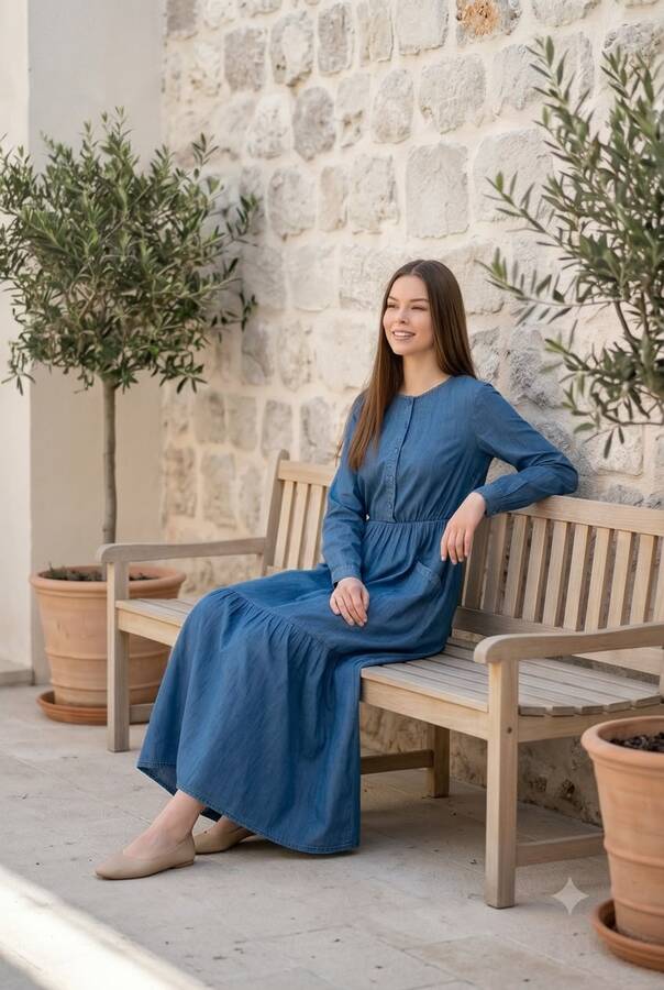 6575-Denim Tensel Elbise Koyu Mavi