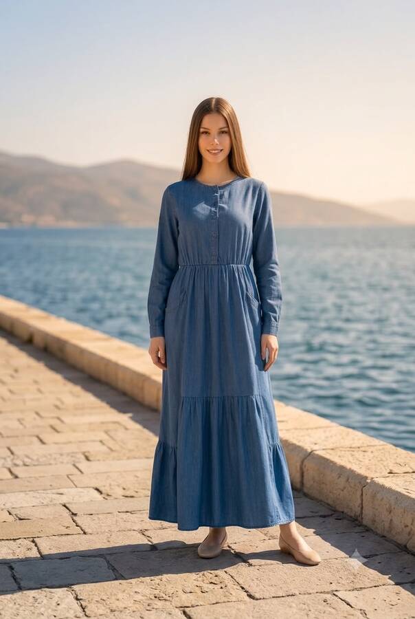 6575-Denim Tensel Elbise Koyu Mavi