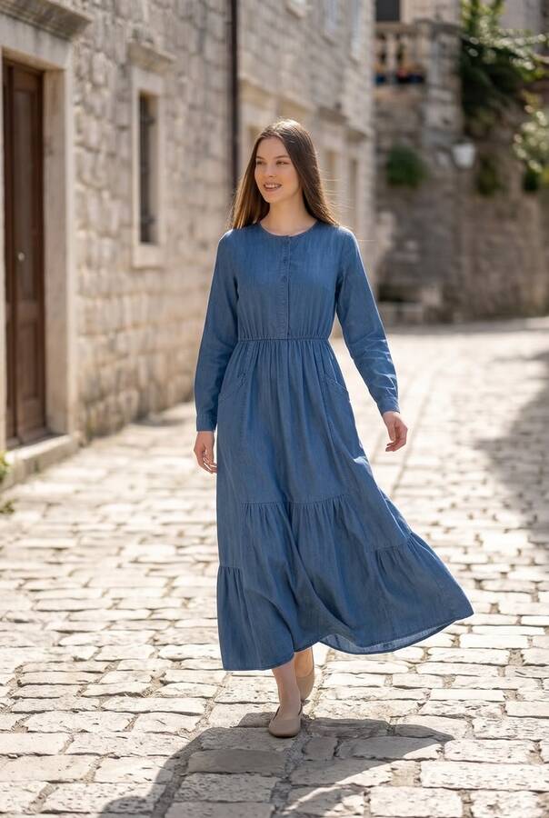 6575-Denim Tensel Elbise Koyu Mavi