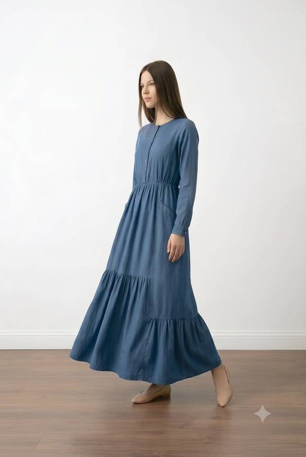 6575-Denim Tensel Elbise Koyu Mavi