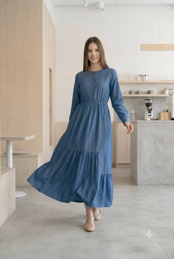 6575-Denim Tensel Elbise Koyu Mavi