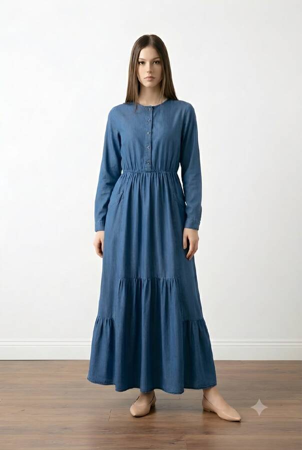 6575-Denim Tensel Elbise Koyu Mavi