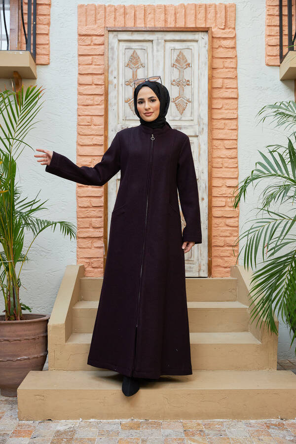 6577-Kaşe Pardesü Mürdüm