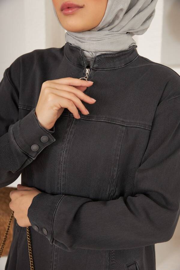 6579-Denim Fermuarlı Ferace Koyu Gri