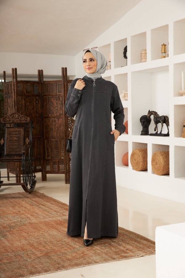 6579-Denim Fermuarlı Ferace Koyu Gri