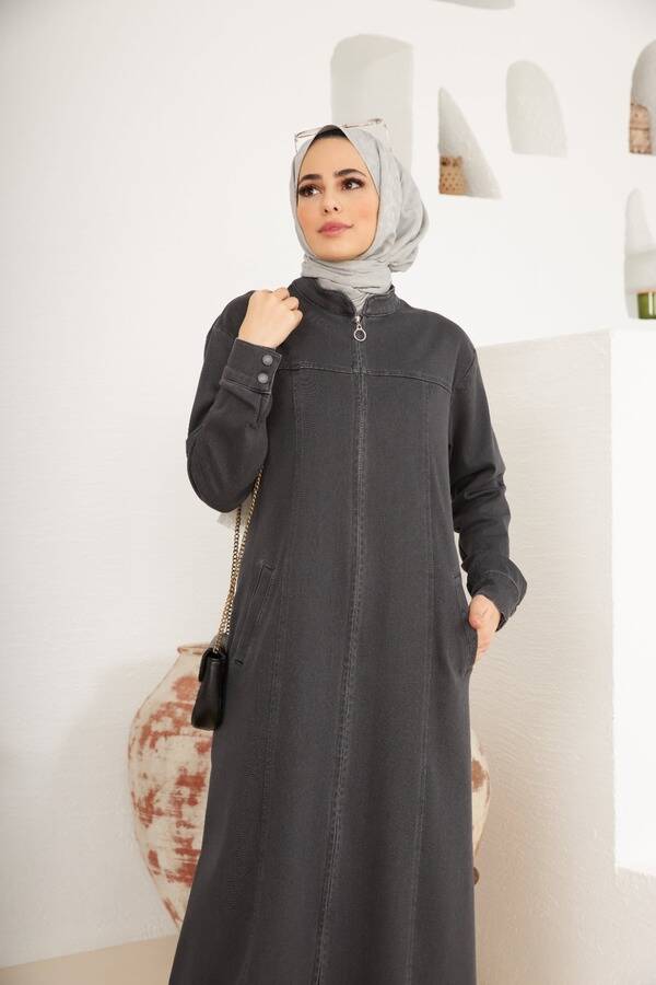 6579-Denim Fermuarlı Ferace Koyu Gri
