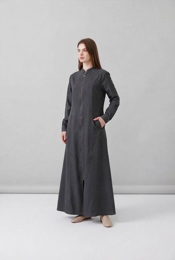 6579-Denim Fermuarlı Ferace Koyu Gri