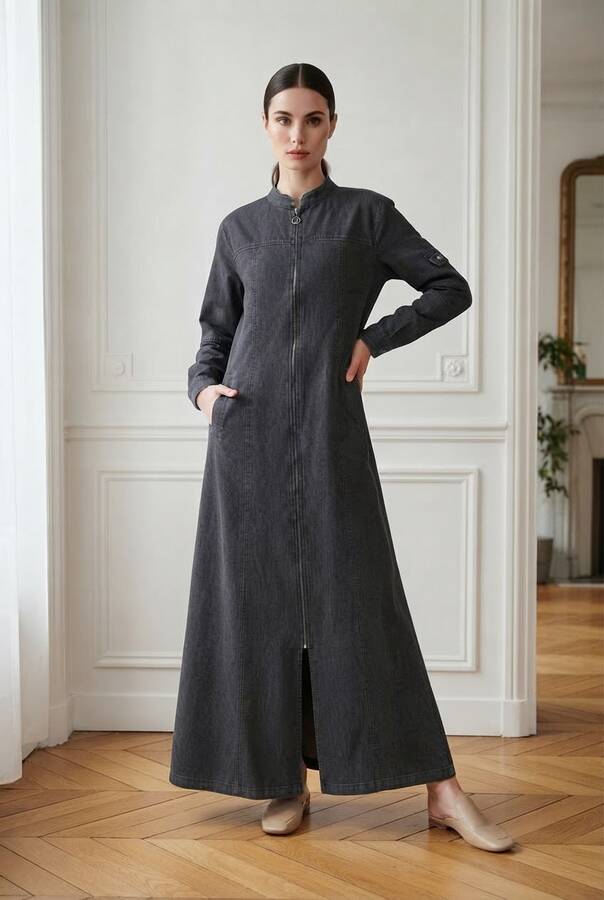 6579-Denim Fermuarlı Ferace Koyu Gri