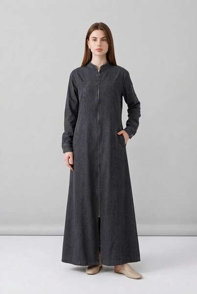 Neways - 6579-Denim Fermuarlı Ferace Koyu Gri