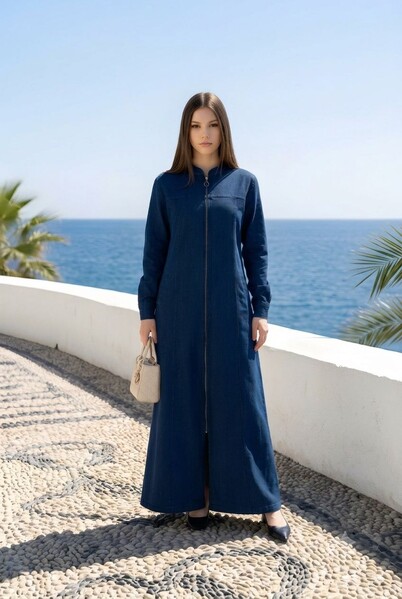 Neways - 6579-Denim Fermuarlı Ferace Lacivert