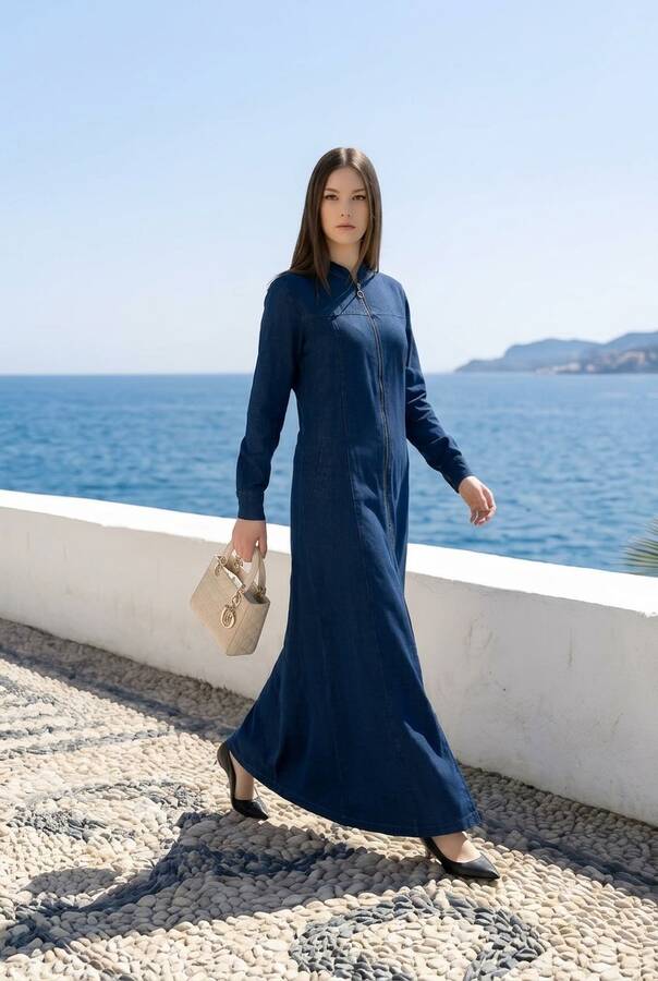 6579-Denim Fermuarlı Ferace Lacivert