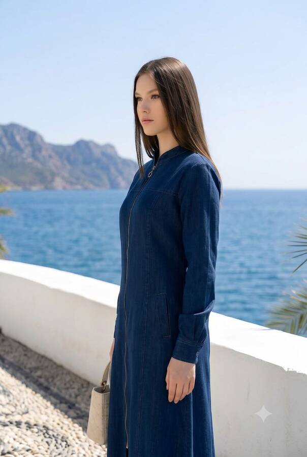 6579-Denim Fermuarlı Ferace Lacivert