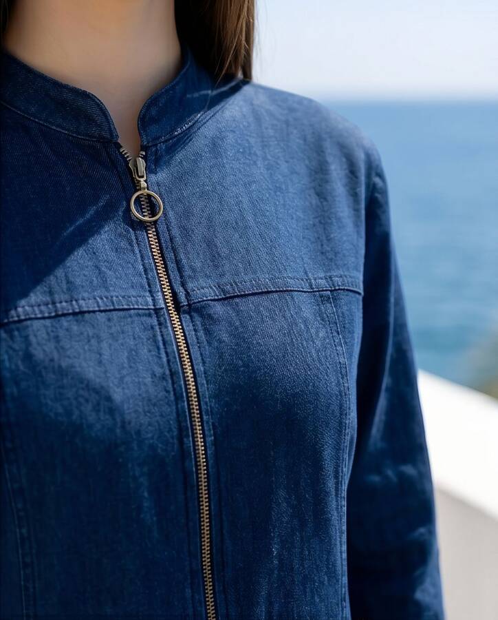 6579-Denim Fermuarlı Ferace Lacivert
