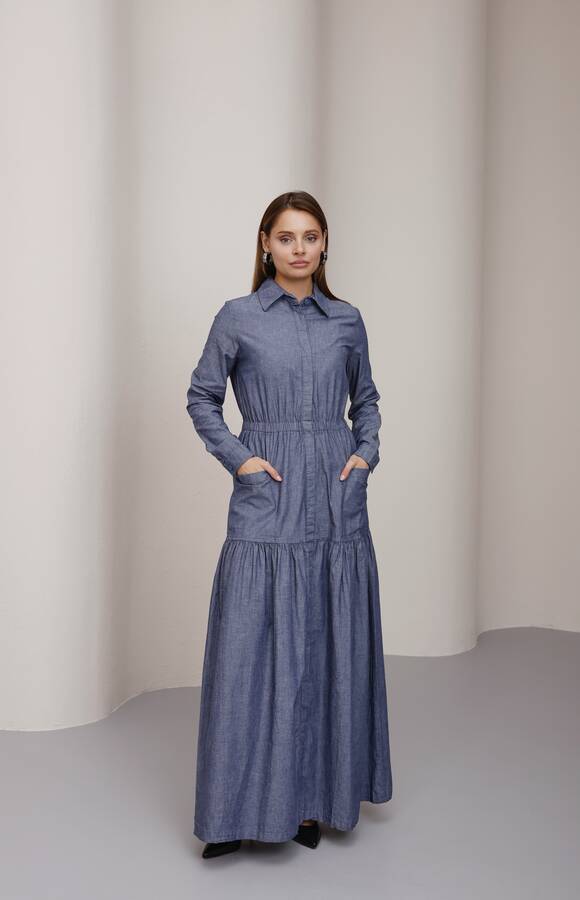 6581-Denim Bel Lastikli Düğmeli Elbise Koyu Mavi