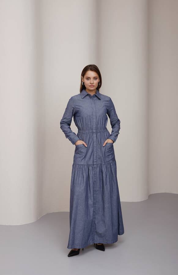 6581-Denim Bel Lastikli Düğmeli Elbise Koyu Mavi