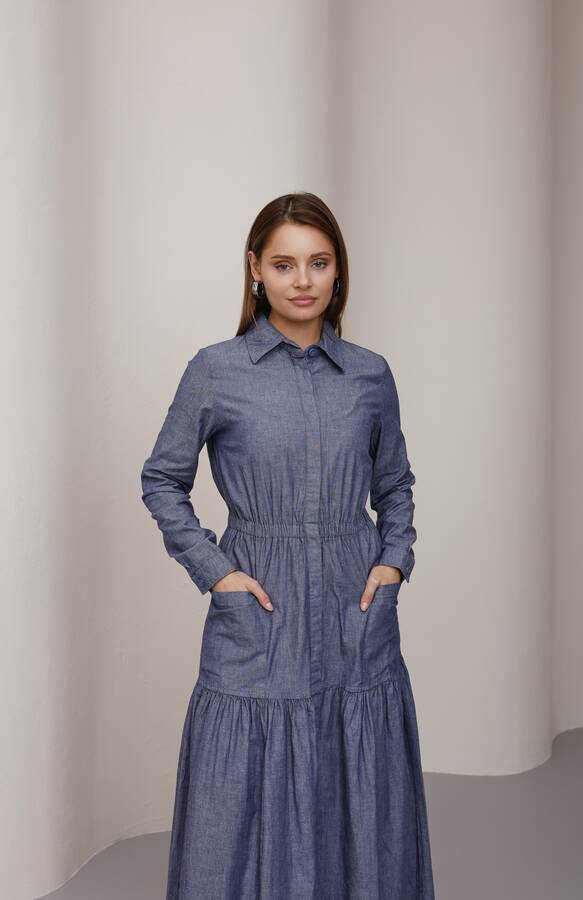 6581-Denim Bel Lastikli Düğmeli Elbise Koyu Mavi