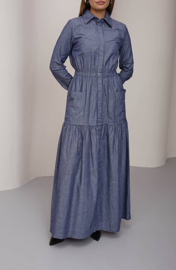 6581-Denim Bel Lastikli Düğmeli Elbise Koyu Mavi