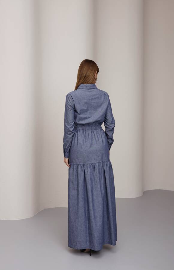 6581-Denim Bel Lastikli Düğmeli Elbise Koyu Mavi