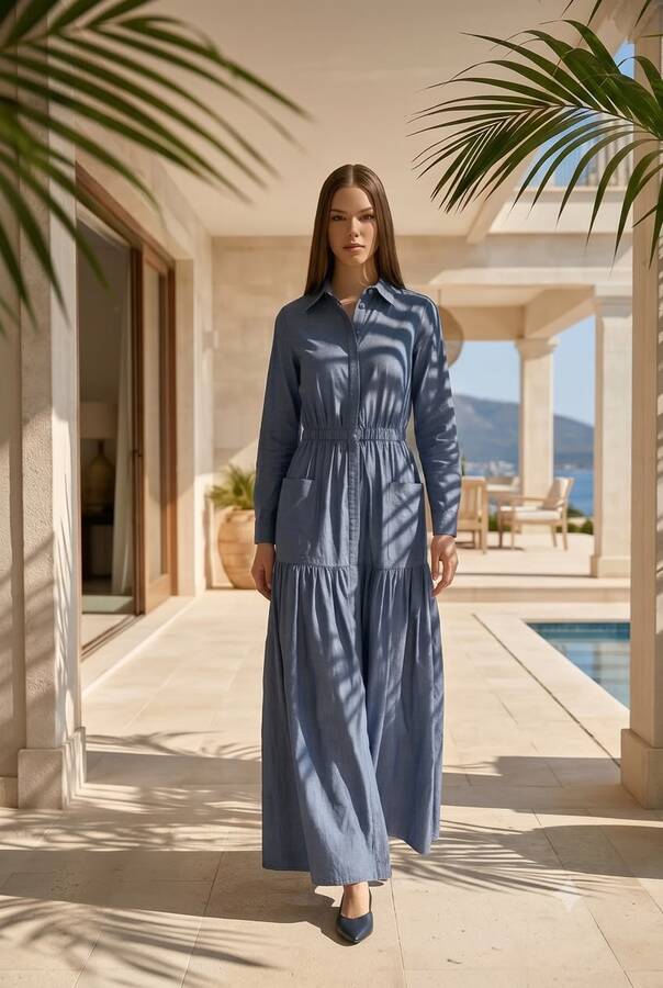 6581-Denim Bel Lastikli Düğmeli Elbise Koyu Mavi