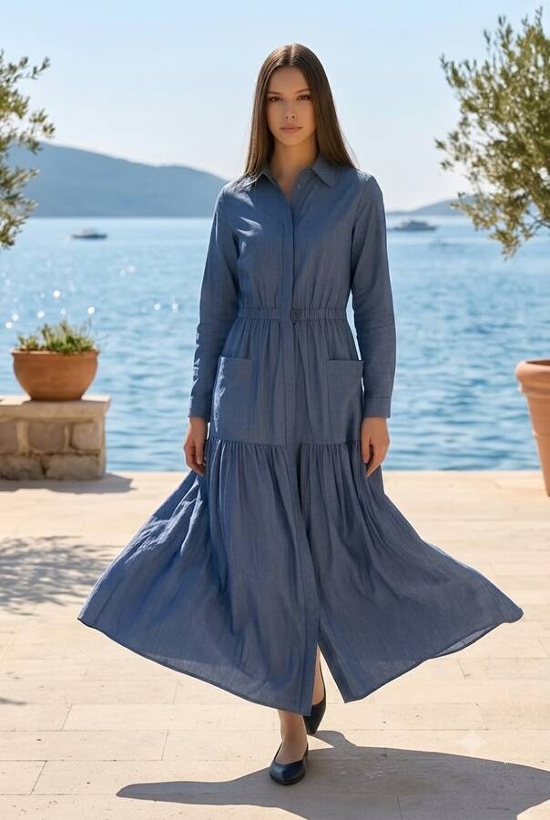 6581-Denim Bel Lastikli Düğmeli Elbise Koyu Mavi