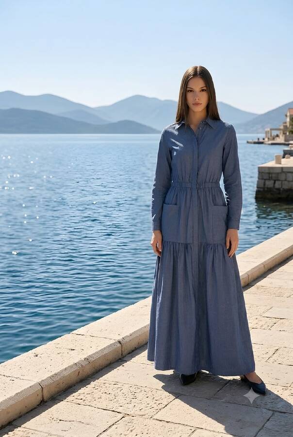 6581-Denim Bel Lastikli Düğmeli Elbise Koyu Mavi