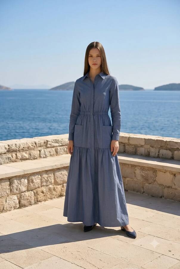 6581-Denim Bel Lastikli Düğmeli Elbise Koyu Mavi