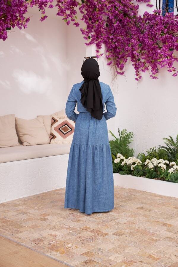 6581-Denim Bel Lastikli Düğmeli Elbise Mavi