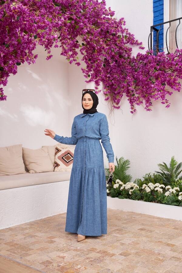 6581-Denim Bel Lastikli Düğmeli Elbise Mavi