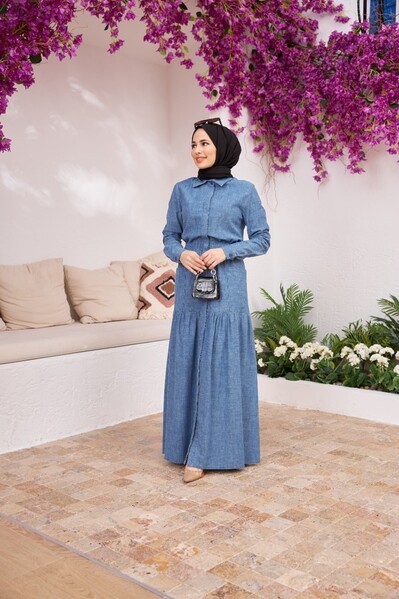 Neways - 6581-Denim Bel Lastikli Düğmeli Elbise Mavi